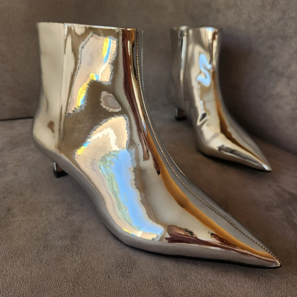 Gianni Bini Booties 6.5 Silver Mirror Georgina Kitten Heels Pointed Toe New $140